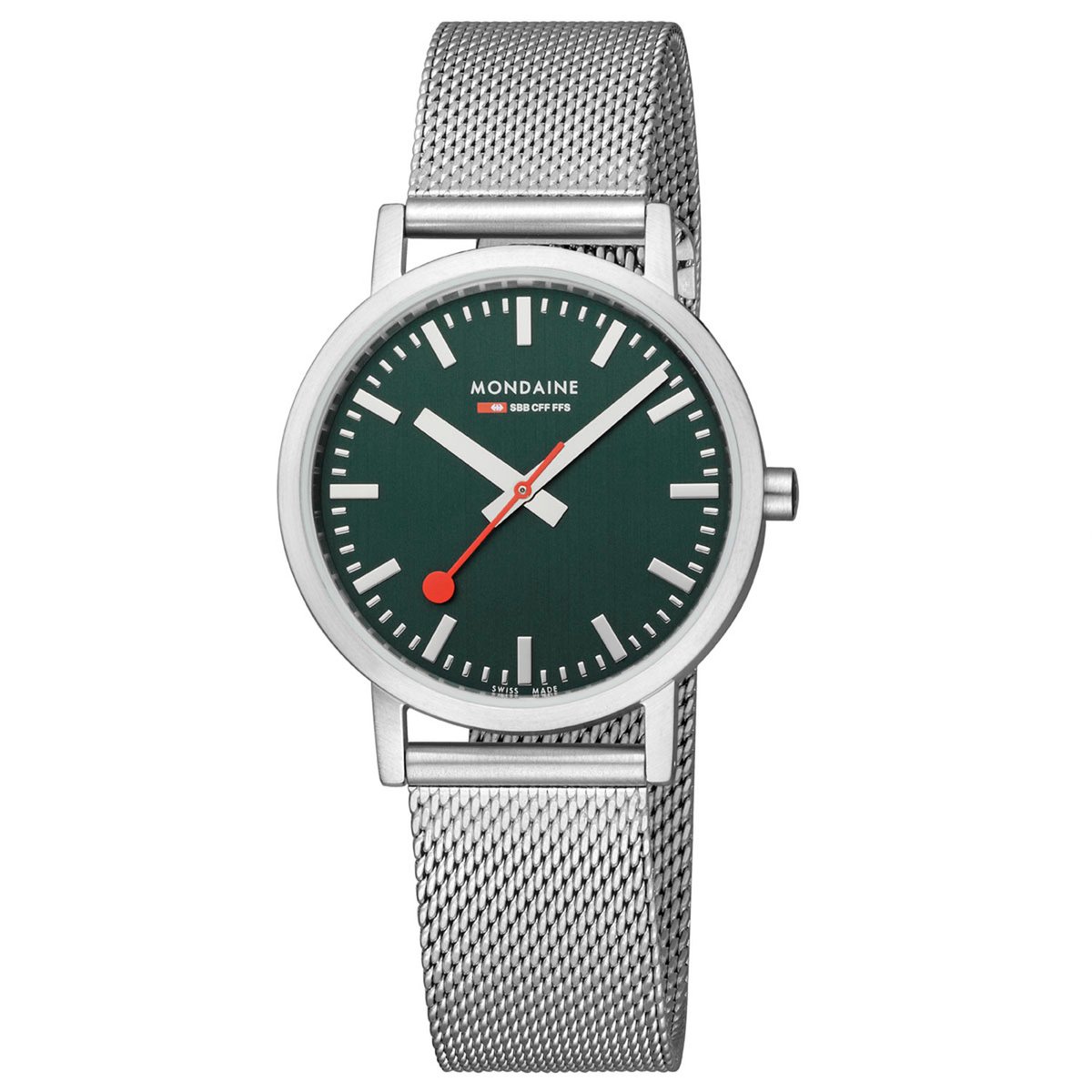 Mondaine - Classic 36mm. Mat. Groene Wijzerplaat. Milanese Horlogeband. Quartz. 30m WR. Mineraalglas - M660.30314.60SBJ