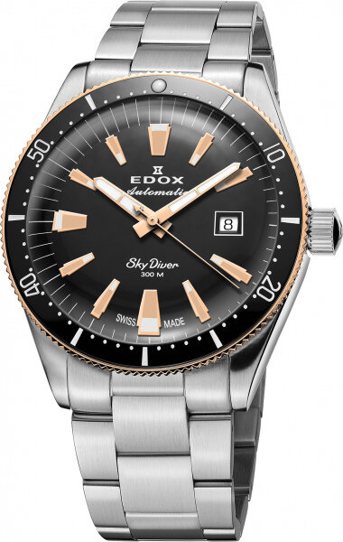 Edox horloge met stalen band, Skydiver automaat Lim. Edition staal/bruin leer
