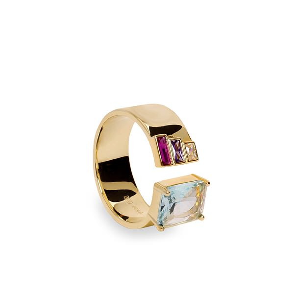 Zilver vergulde ring met gekleurde zirkonia.