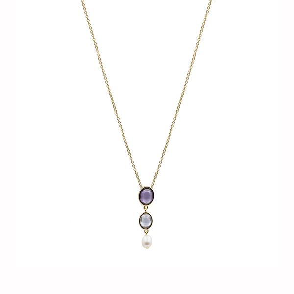 Zilver vergulde choker met amethist kleurig  zirkonia stenen en parel.