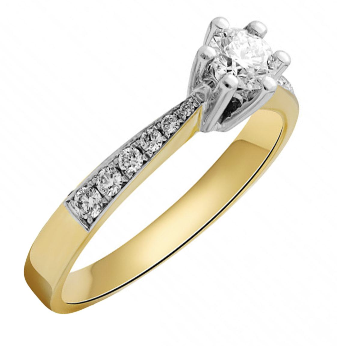 14 Karaat geel gouden solitair ring met klassiek witgouden chaton en zij stenen. Totaal 0.38 crt briljant H/SI-1.