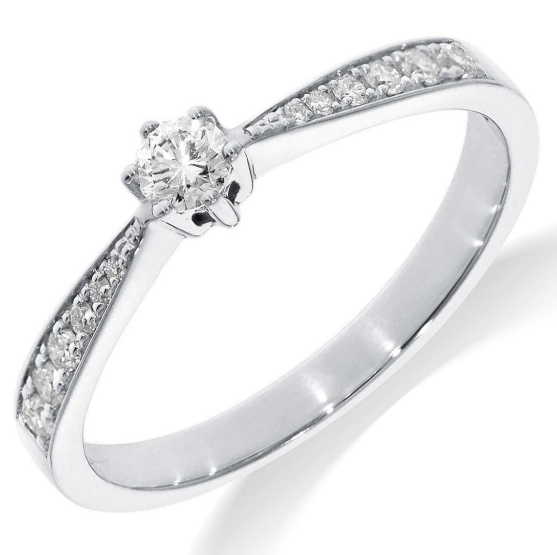 14 Karaat wit gouden solitair ring met klassiek witgouden chaton en zij stenen. Totaal 0.34 crt briljant H/VS-1.