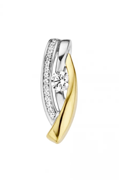 14 Karaat geel met witgouden hanger van Mori Exclusive Diamonds met daarin 0.37 crt briljant G/VVS!.