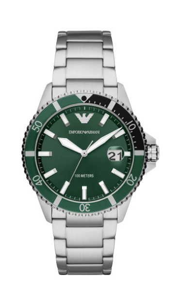 Armani heren pols horloge uit de Certilogo Collectie. Staal met stalen band, groene wijzerplaat quartz uurwerk 10 ATM waterdicht.