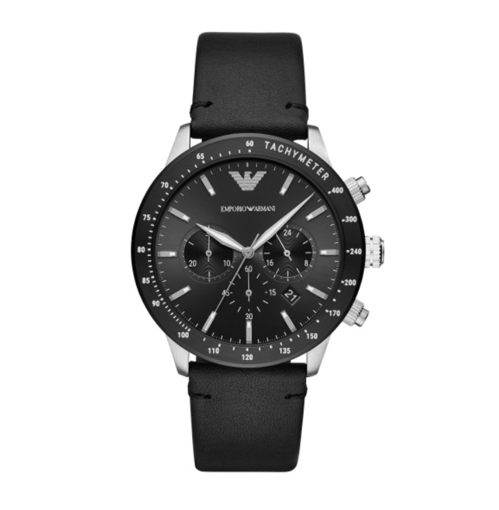 Armani heren pols horloge uit de Certilogo Collectie. Edelstaal met zwart lederen band. Quartz chronograf met zwarte wijzerplaat. 3 ATM warerdicht.