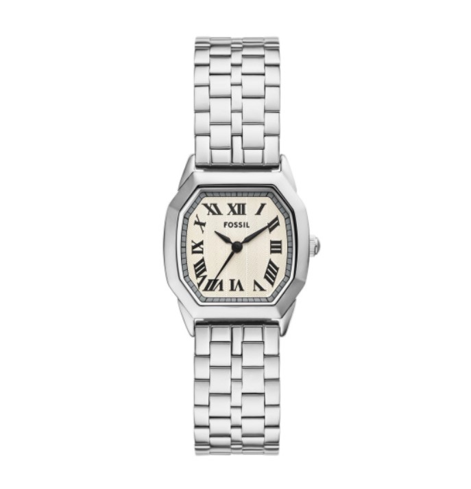 Fossil dames pols horloge staal met stalen band uit de Harlow Collectie. Witte Vintage wijzerplaat. Quartz 3 ATM waterdicht.