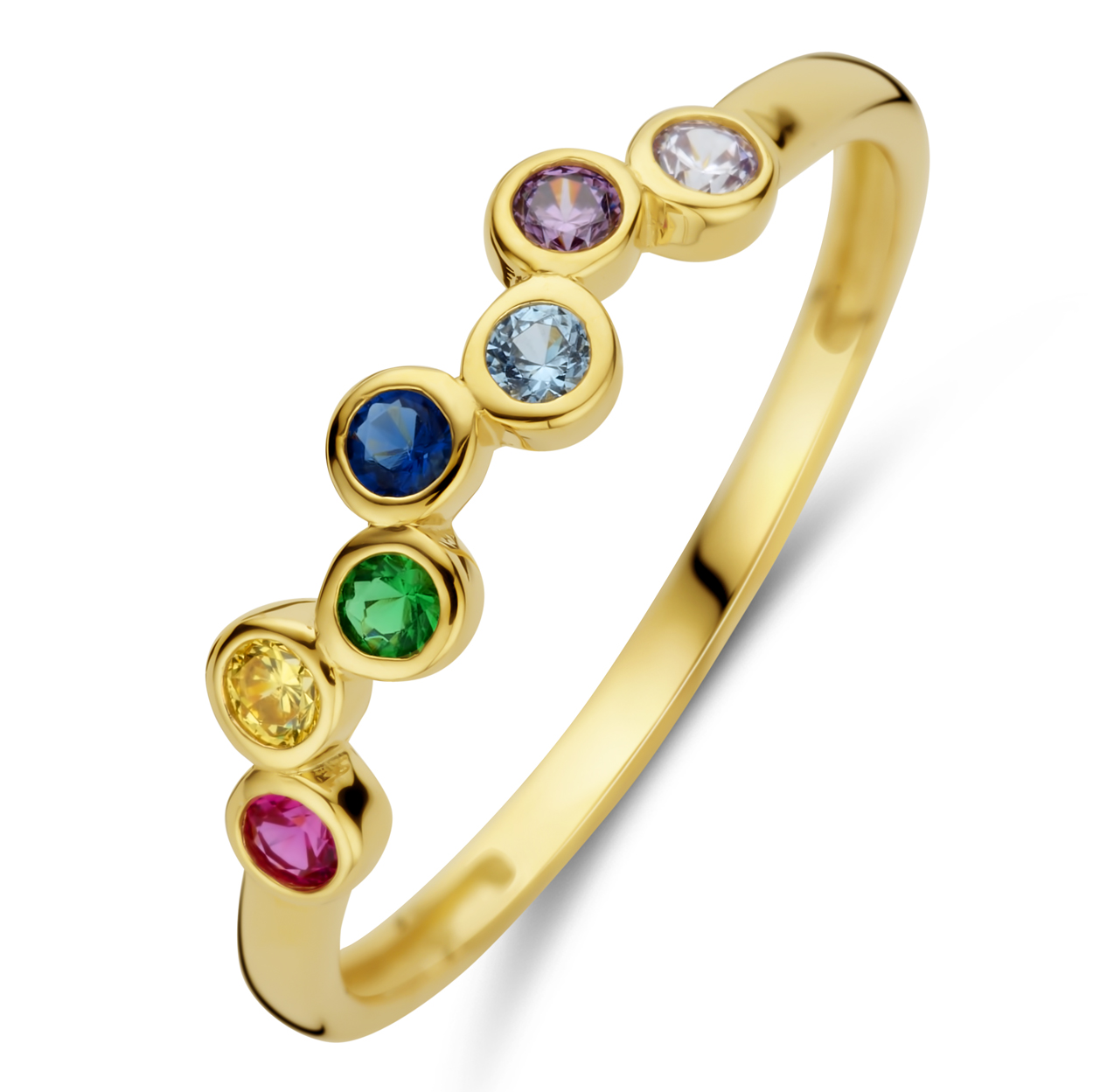 gouden J&J ring, rondjes+regenboog cz mt18