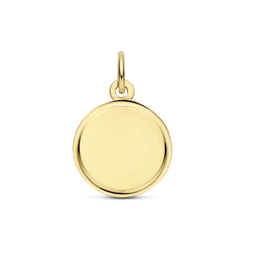 14 karaat geelgouden graveerhanger met een diameter van 18mm. De hanger heeft een dikte van 0,6mm.