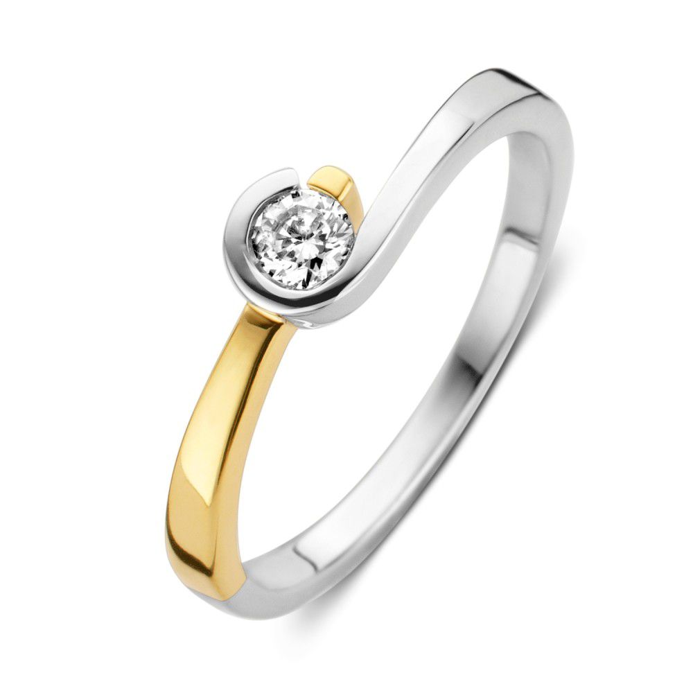 Bicolor gouden damesring met zirkonia's
14 karaat geel/wit goud
maat 56