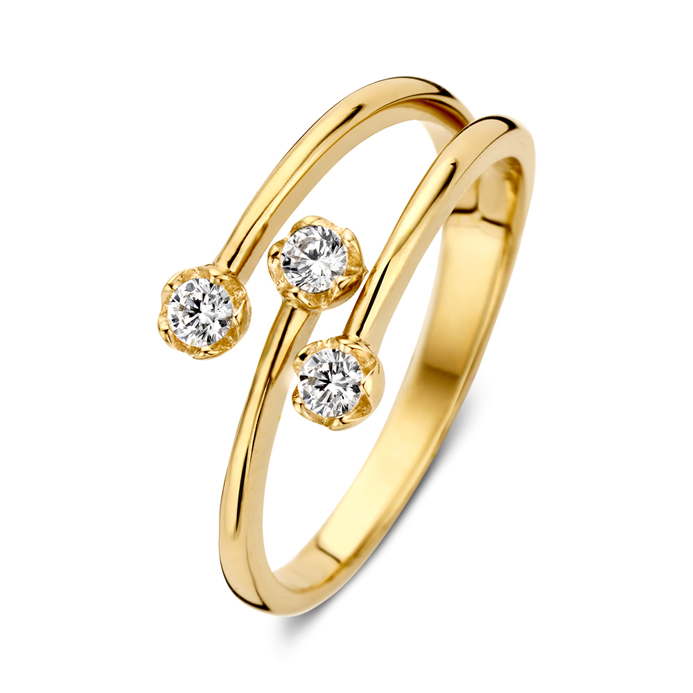 Moderne speelse geelgouden ring met 3 zirkonia.
 Maat 56