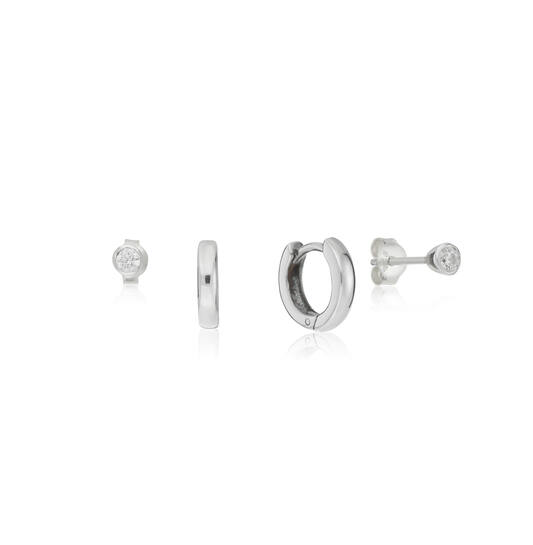 Zilveren sieradenset met oorringen met scharnier en een oorsteker met zirconia