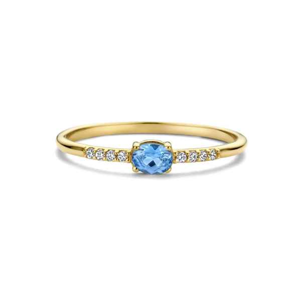gouden Swing ring, ovaal blauw+wit zirconias mt56