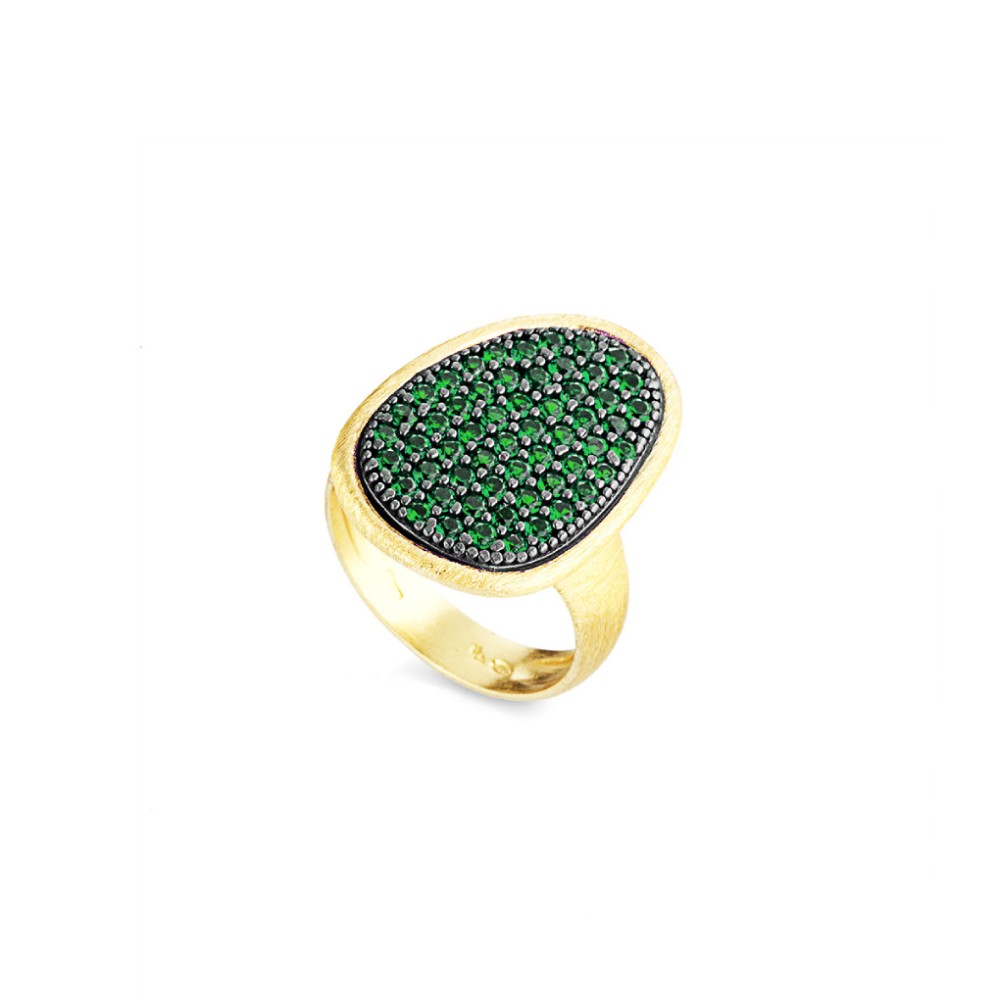 Ring zilver verguld geborsteld en groen zirconium steentjes pavé