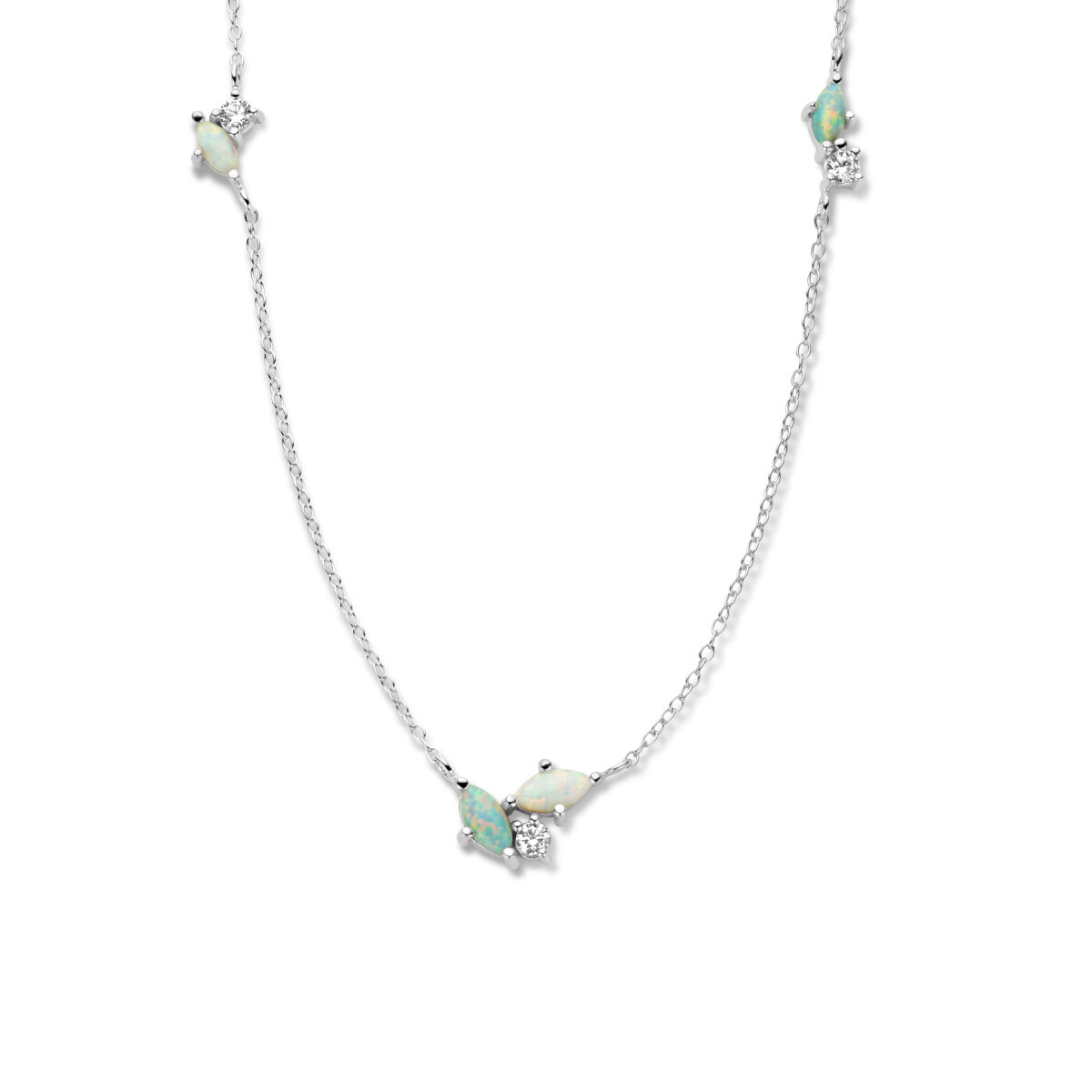 Gerhodineerd 925 zilveren collier uitgevoerd met synthetisch opaal en zirkonia. Het collier heeft een schakelbreedte van 1.2mm en is uitgevoerd met karabijnsluiting. De draaglengte is 41cm met een extensie van 4cm.