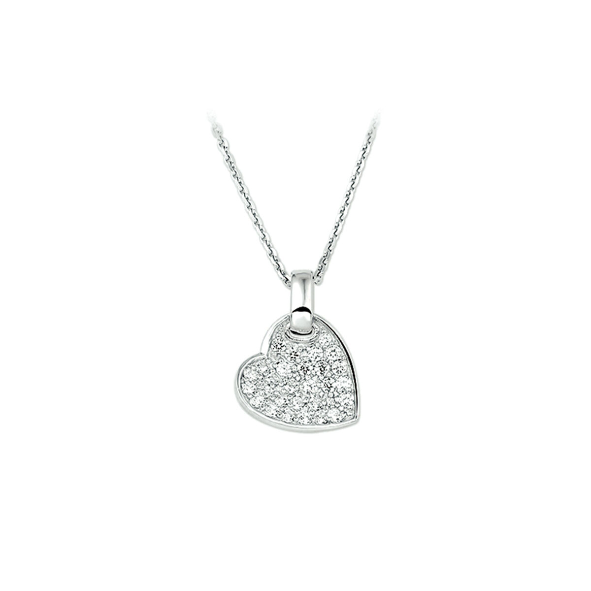 Gerhodineerd zilveren collier met hart en zirkonia. De lengte van het collier bedraagt 41cm met 4cm extensie. De schakelbreedte bedraagt 1.3mm.