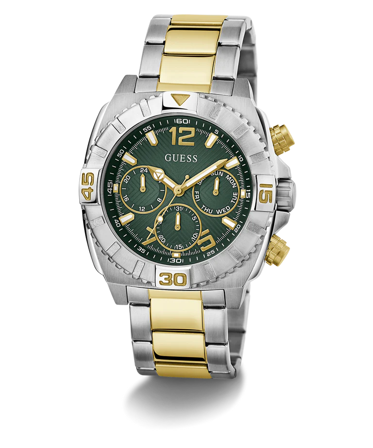De Guess horloge Traction bicolor/groen | GW0800G1 is gemaakt van roestvrij staal en heeft een opvallend ontwerp met een groene wijzerplaat. De horloge heeft een klassieke uitstraling met een moderne touch dankzij de bicolore wijzerplaat. Het horloge kan zowel casual als formeel gedragen worden en is een echte eyecatcher om je pols. Perfect voor elke gelegenheid!
