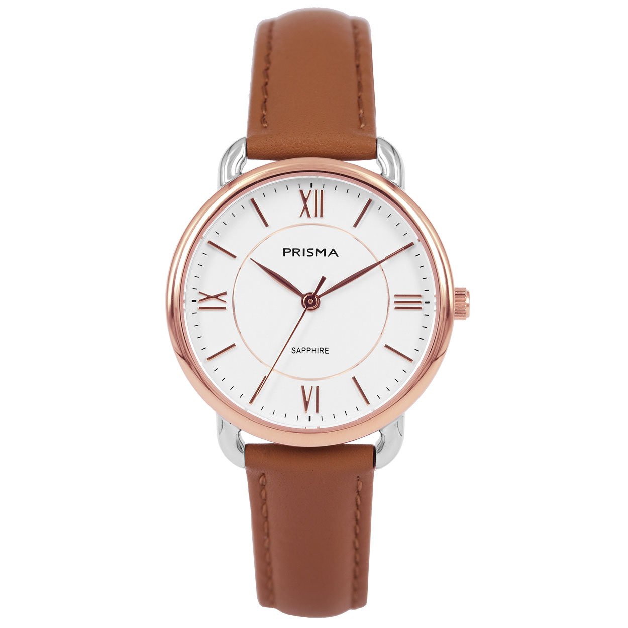 Prisma horloge 1973 dames edelstaal saffierglas 5 ATM 

Algemeen
Geslacht: dames
Model: P.1973

Voordelen
- band echt leer bruin (bruin kleurig stiksel) (bicolor)
- wijzerplaat wit met ros&#233;goudkleurig romeinse cijfers
- glas is zeer krasvast
- luxueuze uitstraling door romeinse cijfers
- spat waterdicht: handenwassen, regen
- quartz
- maat kast 31mm (breedte) 6,7mm (dikte)

