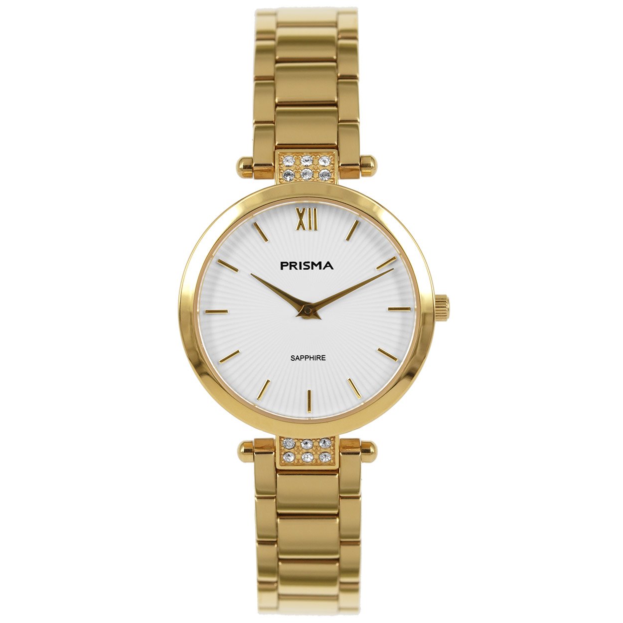 Prisma horloge 1977 dames edelstaal saffierglas 5 ATM 

Algemeen
Geslacht: dames
Model: P.1977

Voordelen
- band edelstaal goudkleurig
- wijzerplaat wit met goudkleurige streepjes
- glas is zeer krasvast
- extra harde duurzame laag
- compacte sluiting met extra draagcomfort
- spat waterdicht: handenwassen, regen
- quartz
- maat kast 28mm (breedte) 6,6mm (dikte)

