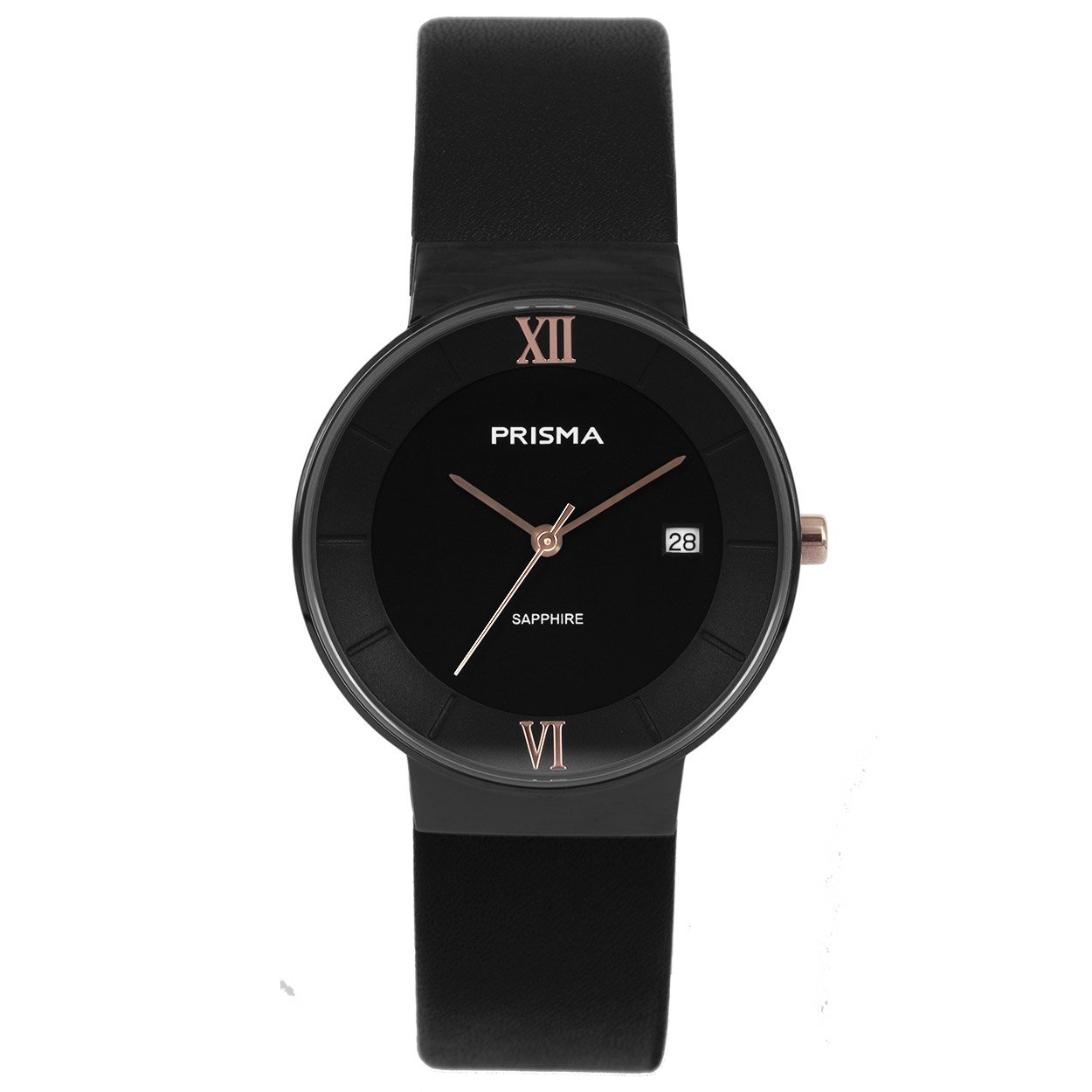Prisma horloge 1944 dames edelstaal saffierglas 5 ATM 

Algemeen
Geslacht: dames
Model: P.1944

Voordelen
- band echt leer zwart
- wijzerplaat zwart met ros&#233;goudkleurig romeinse cijfers
- glas is zeer krasvast
- luxueuze uitstraling door romeinse cijfers
- datum
- spat waterdicht: handenwassen, regen
- quartz
- maat kast 35mm (breedte) 7,8mm (dikte)




