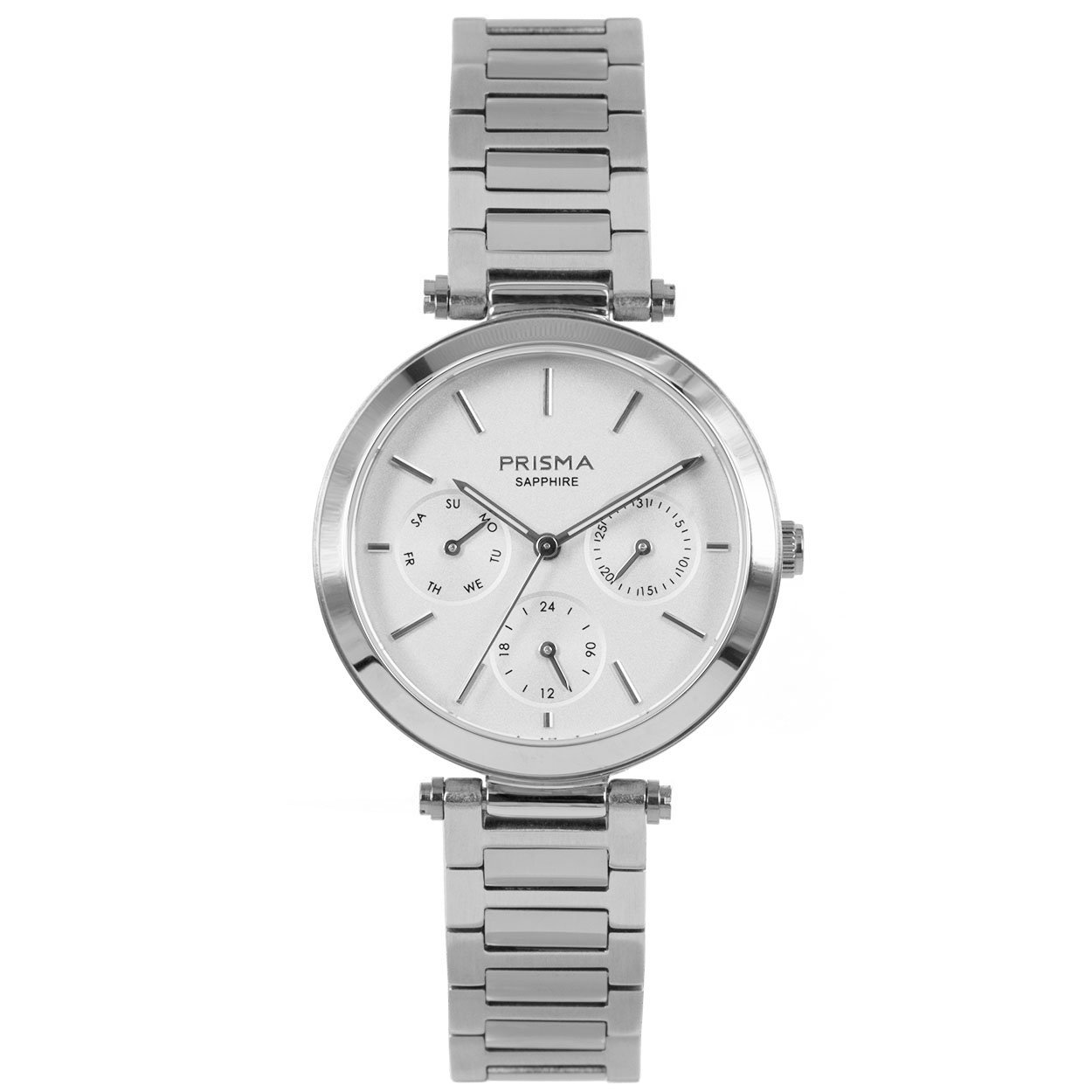 Prisma horloge 1340 dames multifunctie edelstaal saffierglas 5 ATM 

Algemeen
Geslacht: dames
Model: P.1340

Voordelen
- band edelstaal zilver
- multi-functie
- wijzerplaat wit met zilvere streepjes
- glas is zeer krasvast
- compacte sluiting met extra draagcomfort
- 24 uurs aanduiding
- dagwijzer
- quartz
- maat kast 32 mm (breedte) 8 mm (dikte)

