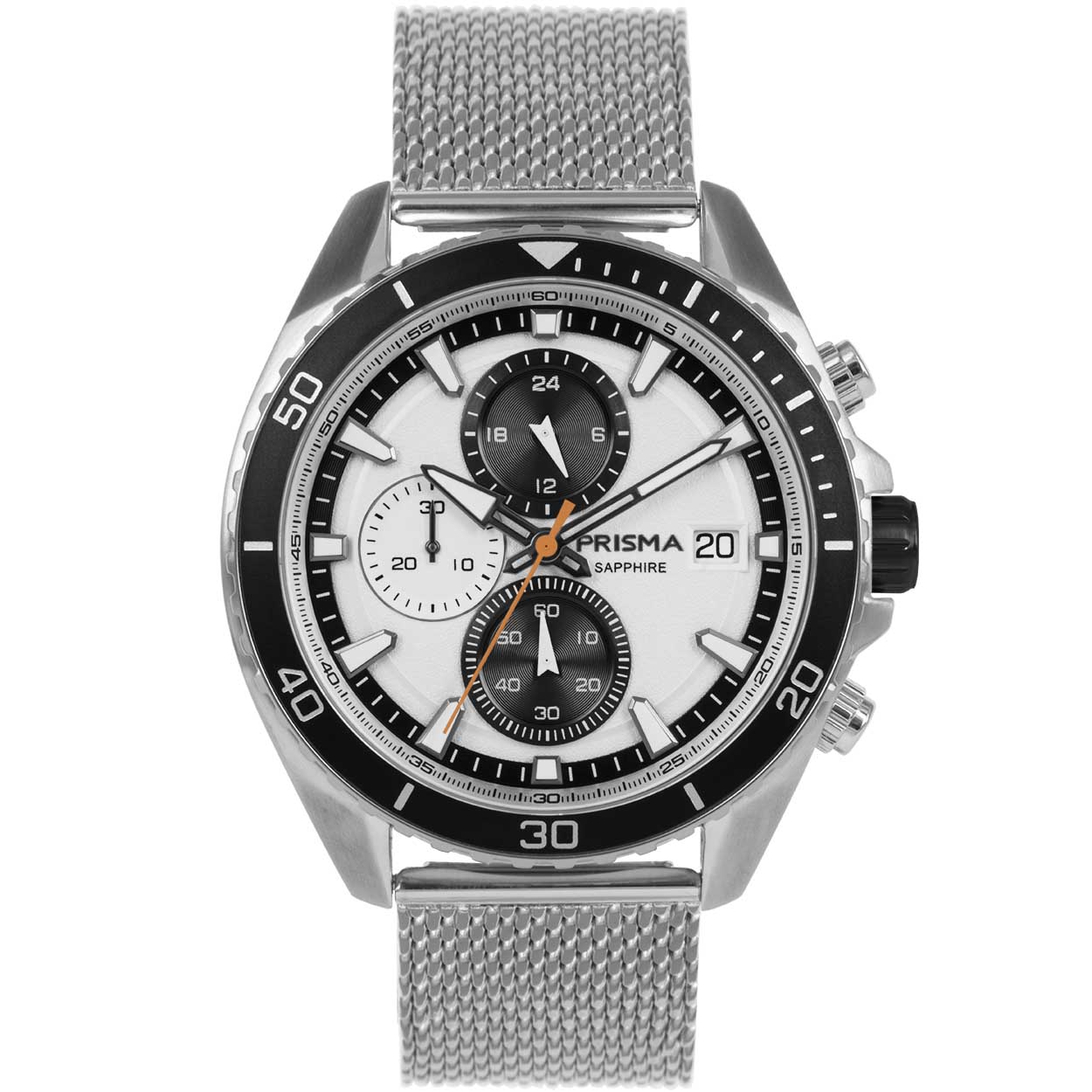 Prisma horloge 1325 heren chronograaf edelstaal saffierglas 10 ATM 

Algemeen
Geslacht: heren
Model: P.1325

Voordelen
- milanese band met verfijnde schakels
- band edelstaal zilver
- chronograaf/stopwatch
- wijzerplaat zilver met zilverestreepjes
- boven gem. waterdicht: zwemmen/duiken
- glas is zeer krasvast
- naadloze aansluiting door vrij verstelbare sluiting
- quartz
- maat kast 45mm (breedte) 11,7mm (dikte)

