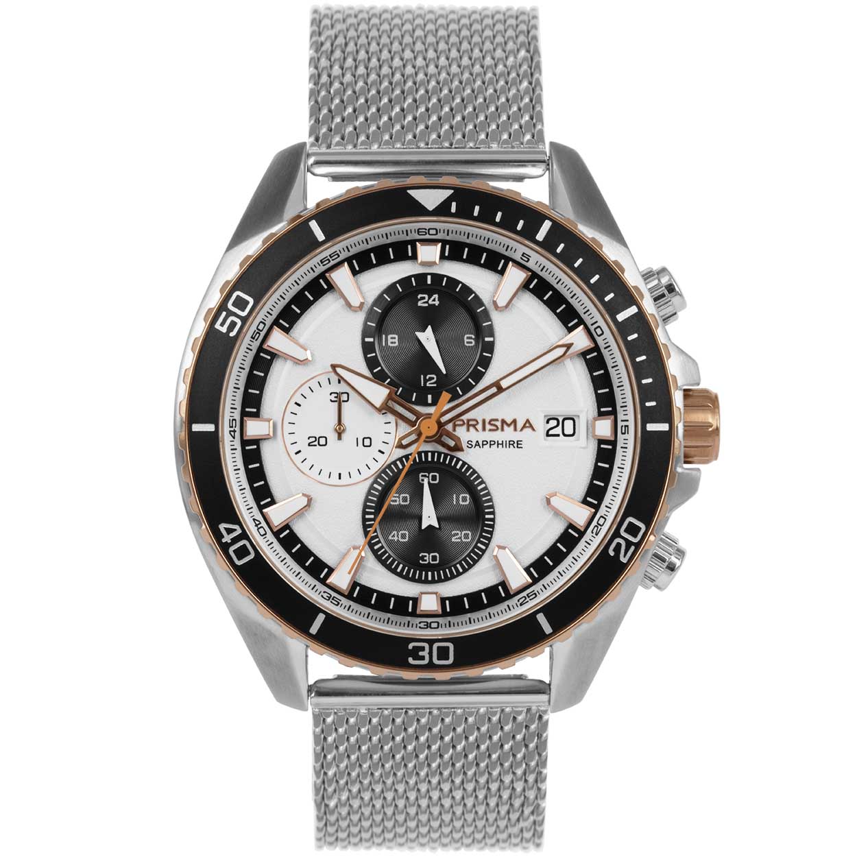 Prisma horloge 1327 heren chronograaf edelstaal saffierglas 10 ATM 

Algemeen
Geslacht: heren
Model: P.1327

Voordelen
- milanese band met verfijnde schakels
- band edelstaal zilver
- chronograaf/stopwatch
- wijzerplaat wit met rose goudenstreepjes
- boven gem. waterdicht: zwemmen/duiken
- glas is zeer krasvast
- naadloze aansluiting door vrij verstelbare sluiting
- quartz
- maat kast 45mm (breedte) 11,7mm (dikte)

