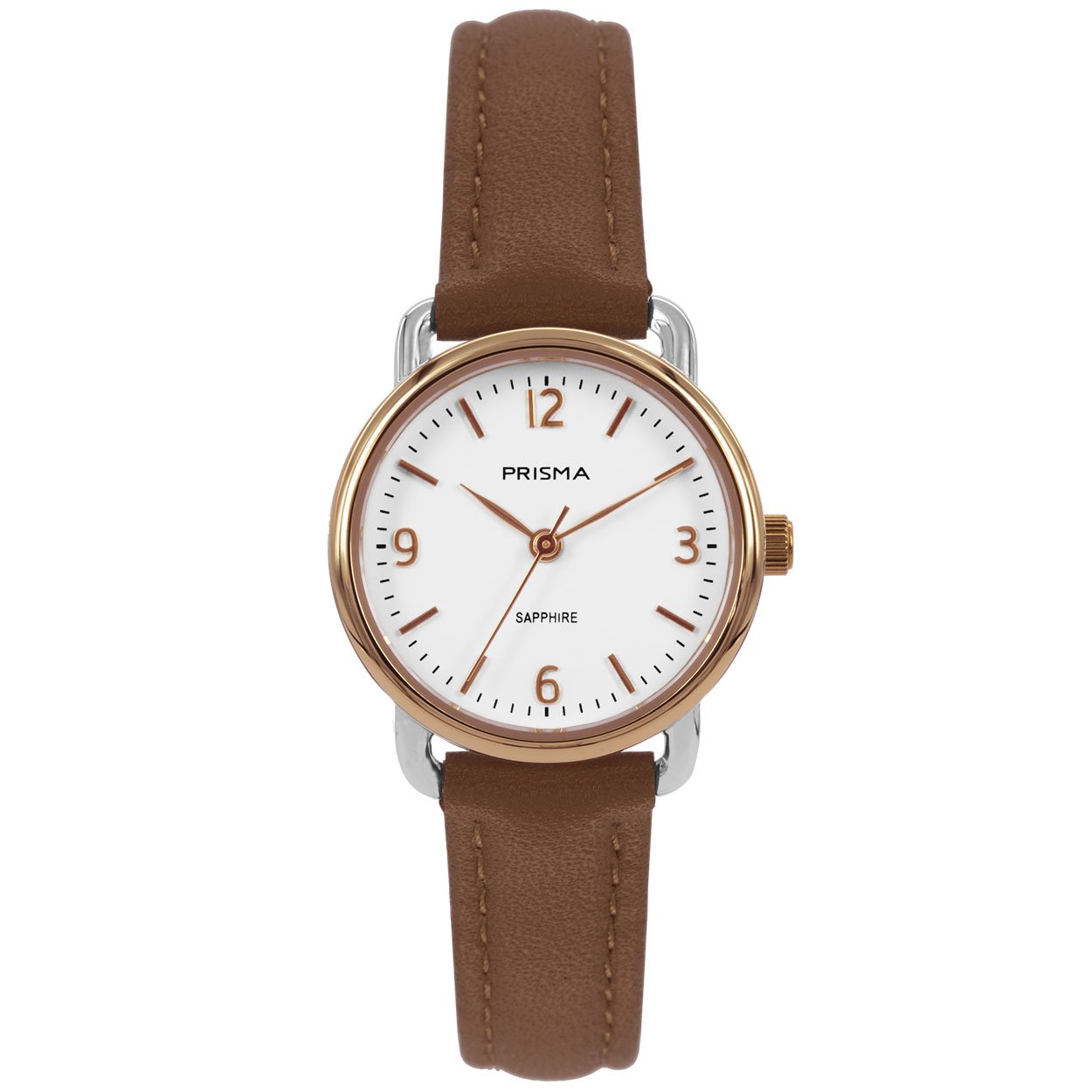 Prisma horloge 1988 dames edelstaal saffierglas 5 ATM 

Algemeen
Geslacht: dames
Model: P.1988

Voordelen
- band echt leer bruin (bruin kleurig stiksel)
- wijzerplaat wit met ros&#233;goudkleurig cijfers (arabisch)
- glas is zeer krasvast
- duidelijke tijdsweergave
- spat waterdicht: handenwassen, regen
- quartz
- maat kast 25mm (breedte) 6,6mm (dikte)

