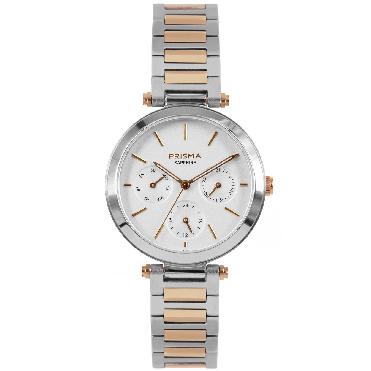 Prisma horloge 1341 dames multifunctie edelstaal saffierglas 5 ATM 

Algemeen
Geslacht: dames
Model: P.1341

Voordelen
- band edelstaal zilver/rose goud (bicolor)
- multi-functie
- wijzerplaat wit met rose gouden streepjes
- glas is zeer krasvast
- compacte sluiting met extra draagcomfort
- 24 uurs aanduiding
- dagwijzer
- quartz
- maat kast 32 mm (breedte) 8 mm (dikte)

