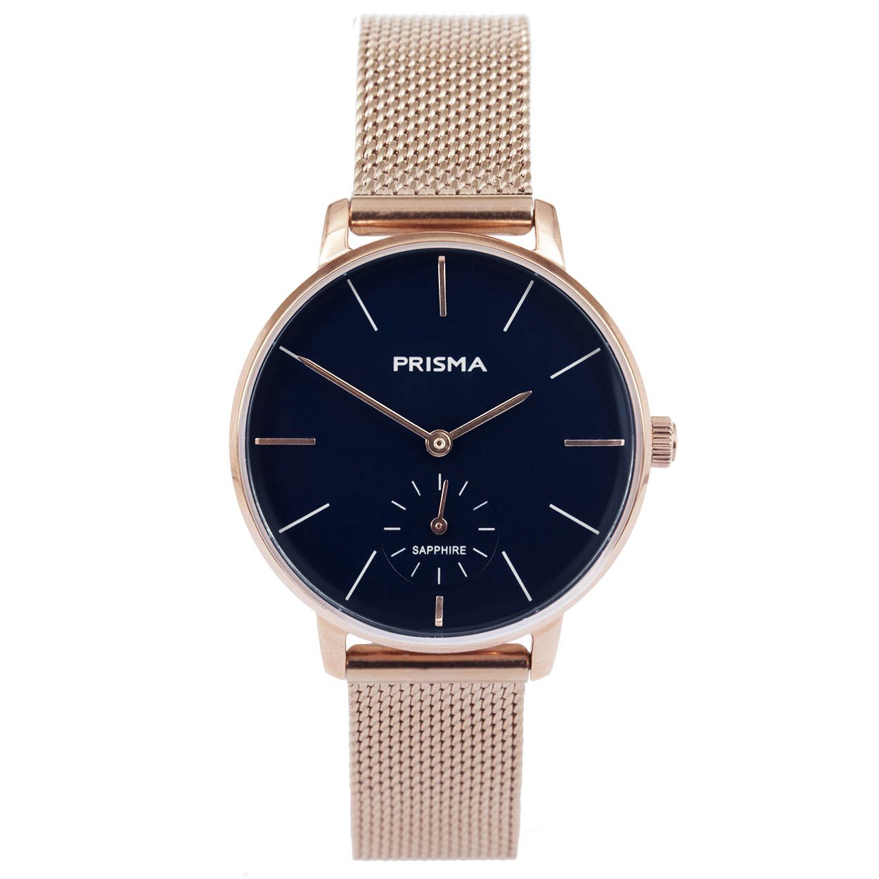 Prisma horloge 1443 dames edelstaal saffierglas 5 ATM 

Algemeen
Geslacht: dames
Model: P.1443

Voordelen
- milanese band met verfijnde schakels
- band edelstaal ros&#233;goudkleurig
- wijzerplaat blauw met goudkleurig streepjes
- glas is zeerkrasvast
- naadloze aansluiting door vrij verstelbare sluiting
- designed in the Netherlands
- spat waterdicht: handenwassen, regen
- quartz
- maat kast 32mm (breedte) 8,35mm (dikte)

