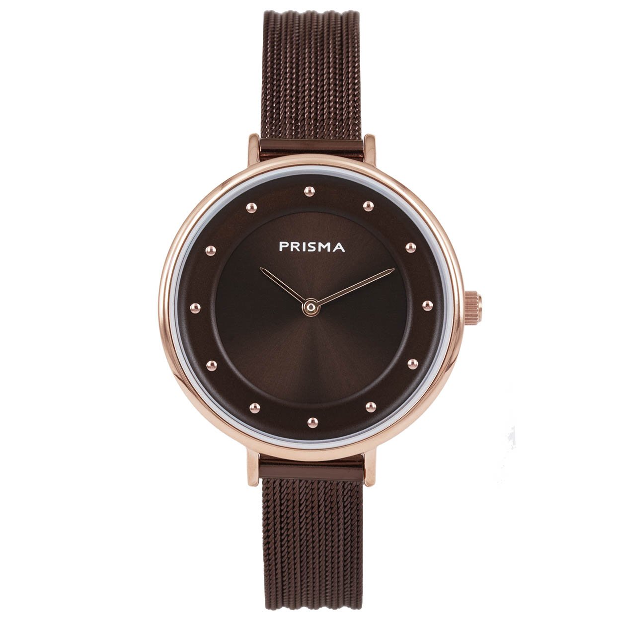 Prisma horloge 1875 dames edelstaal 

Algemeen
Geslacht: dames
Model: P.1875

Voordelen
- milanese band met verfijnde schakels
- band edelstaal bruin
- wijzerplaat bruin met ros&#233;goudkleurige puntjes
- naadloze aansluiting door vrij verstelbare sluiting
- glas is krasvast
- spat waterdicht: handenwassen, regen
- quartz
- maat kast 35mm (breedte) 6,25mm (dikte)


