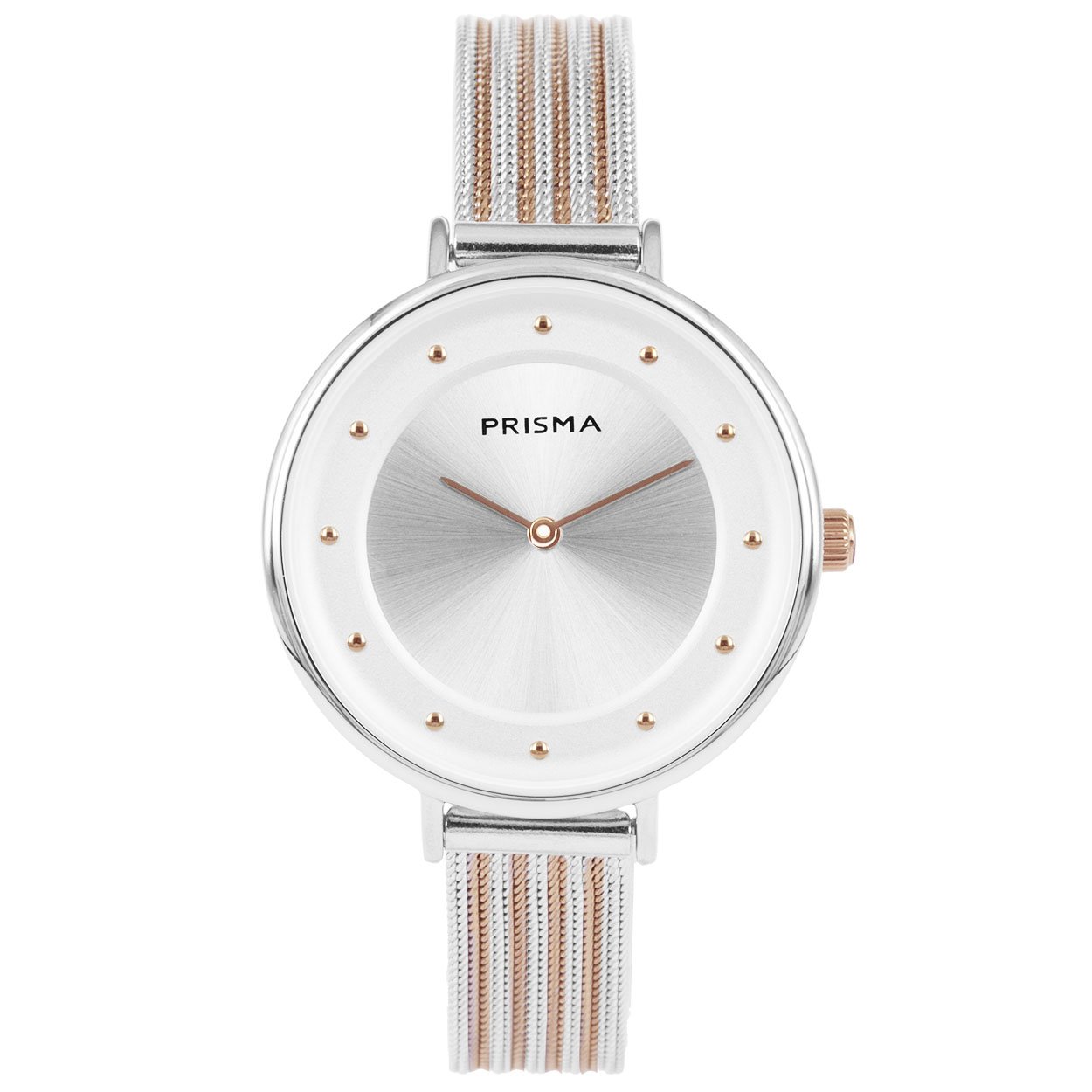 Prisma horloge 1876 dames edelstaal 

Algemeen
Geslacht: dames
Model: P.1876

Voordelen
- milanese band met verfijnde schakels
- band edelstaal zilver/ros&#233;goudkleurig (bicolor)
- wijzerplaat zilver met ros&#233;goudkleurige puntjes
- naadloze aansluiting door vrij verstelbare sluiting
- glas is krasvast
- spat waterdicht: handenwassen, regen
- quartz
- maat kast 35mm (breedte) 6,25mm (dikte)

