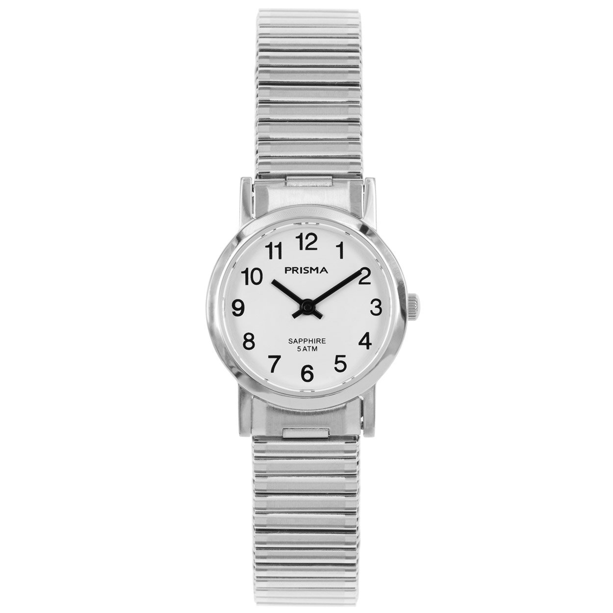 Prisma dames P.1815 horloge edelstaal saffierglas 5 ATM 		
		
Algemeen		
Geslacht: dames		
Model: P.1815		
		
Voordelen		
- rekband sluit naadloos aan op de huid		
- band edelstaal zilver		
- wijzerplaat wit met zwarte cijfers (arabisch)- glas is zeer krasvast		
- spat waterdicht: handenwassen, regen		
- quartz		
- maat kast 26mm (breedte) 7,3mm (dikte)		
		

