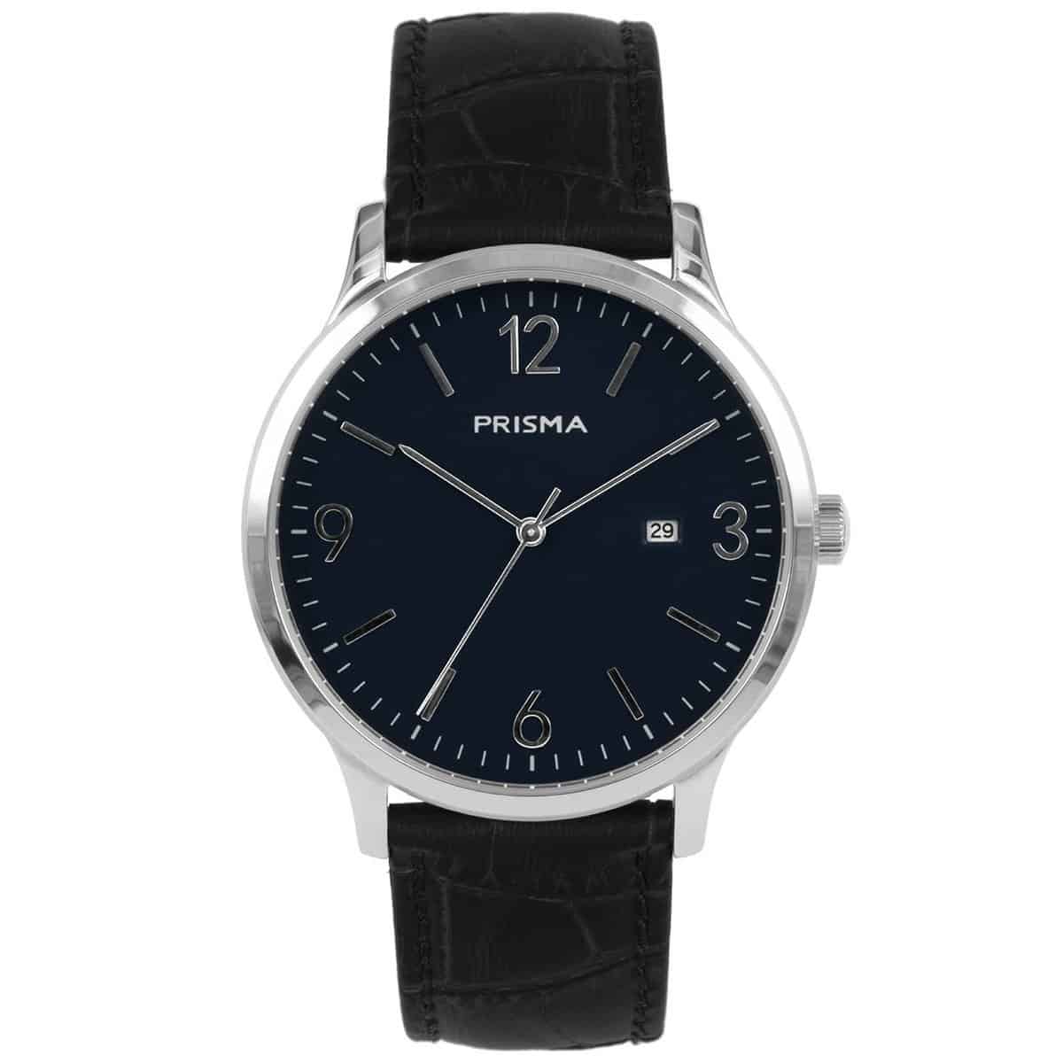 Prisma P.1634 gents watch all stainless steel UniversalGender: gentsModel: P.1634Benefits- strap real leather black- watchface blue with silver numbers (Arabic)- also for wide wrist (max. 230,3 mm)- date- clear time display- light waterproof: hand washing, rain- quartz- measurement case 40,3mm (latitude) 7,7mm (thickness)