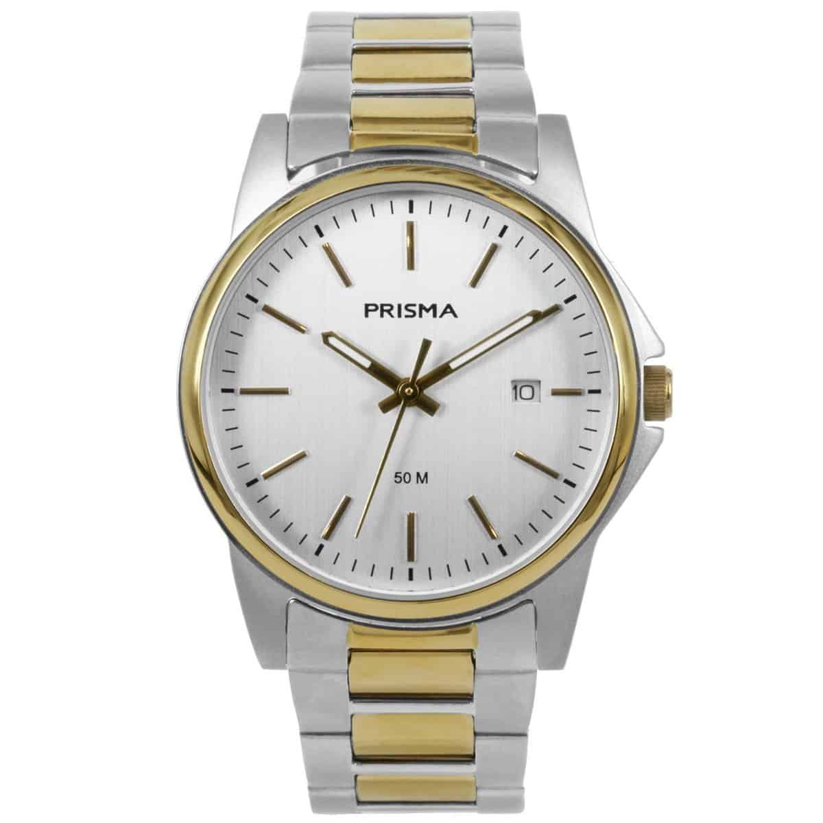 Prisma horloge P.1697 heren edelstaal 5 ATM 

Algemeen
Geslacht: heren
Model: P.1697

Voordelen
- band edelstaal zilver/goudkleurig (bicolor)
- wijzerplaat zilver met goudenkleurige streepjes
- naadloze aansluiting door vrij verstelbare sluiting
- wijzers lichten op in donker
- datum
- spat waterdicht: handenwassen, regen
- quartz
- maat kast 38mm (breedte) 9,3mm (dikte)


