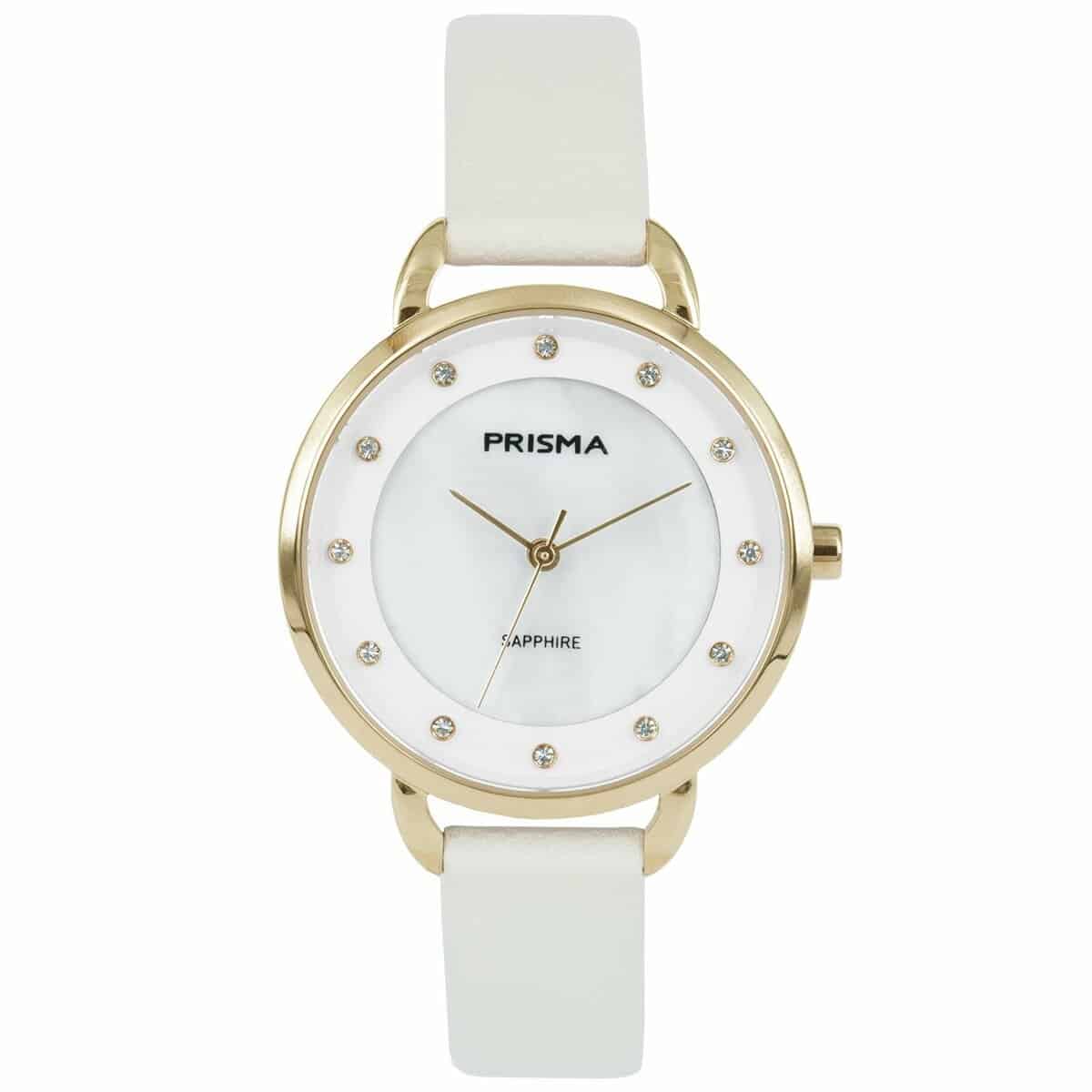 Prisma horloge 1937 dames edelstaal saffierglas 5 ATM 

Algemeen
Geslacht: dames
Model: P.1937

Voordelen
- band echt leer creme
- wijzerplaat wit met sier diamanten
- glas is zeer krasvast
- mat kalfsleder
- spat waterdicht: handenwassen, regen
- quartz
- maat kast 32mm (breedte) 6,9mm (dikte)