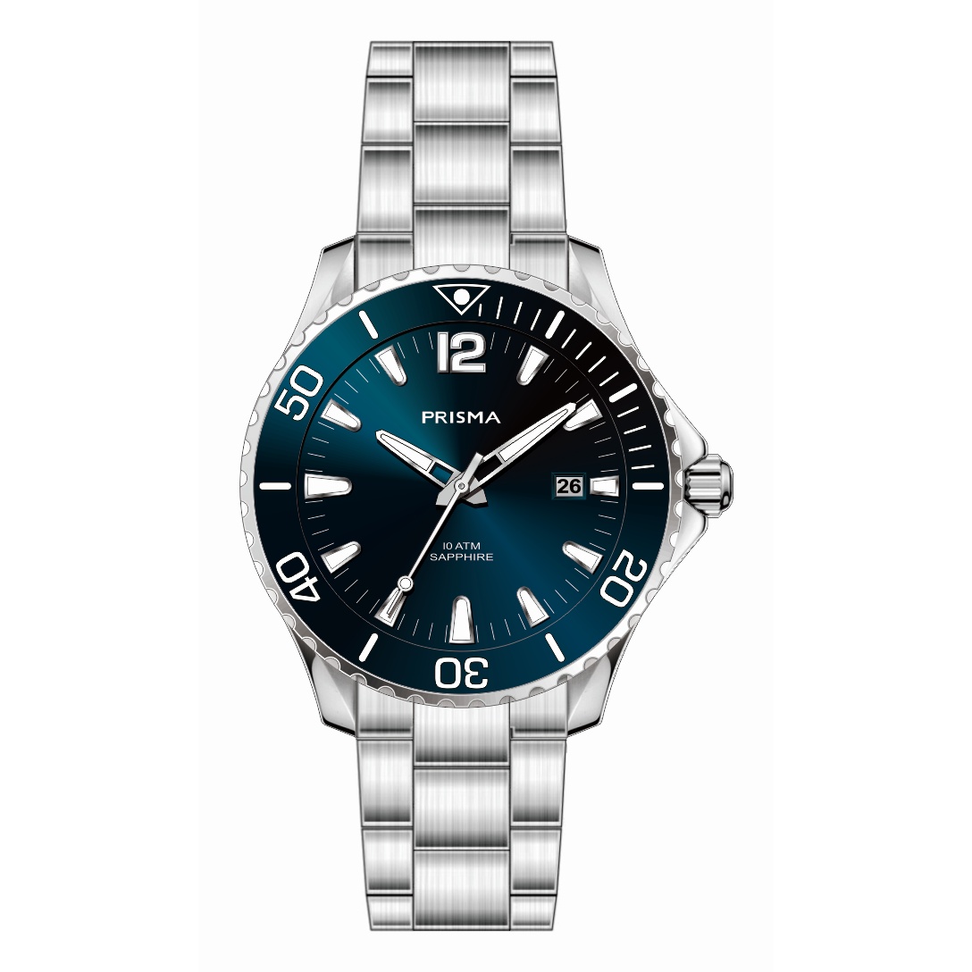 Prisma horloge 1492 heren edelstaal saffierglas 10 ATM 

Algemeen
Geslacht: heren
Model: P.1492

Voordelen
- band edelstaal zilver
- wijzerplaat blauw met zilvere streepjes
- Draaibaar/verstelbare lunette
- boven gem. waterdicht: zwemmen/duiken
- glas is zeer krasvast
- datum
- quartz
- maat kast 42,27mm (breedte) 10,9mm (dikte)

