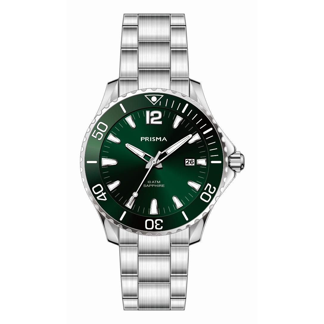 Prisma horloge 1491 heren edelstaal saffierglas 10 ATM 

Algemeen
Geslacht: heren
Model: P.1491

Voordelen
- band edelstaal zilver
- wijzerplaat groen met zwarte streepjes
- Draaibaar/verstelbare lunette
- boven gem. waterdicht: zwemmen/duiken
- glas is zeer krasvast
- datum
- quartz
- maat kast 42,27mm (breedte) 10,9mm (dikte)

