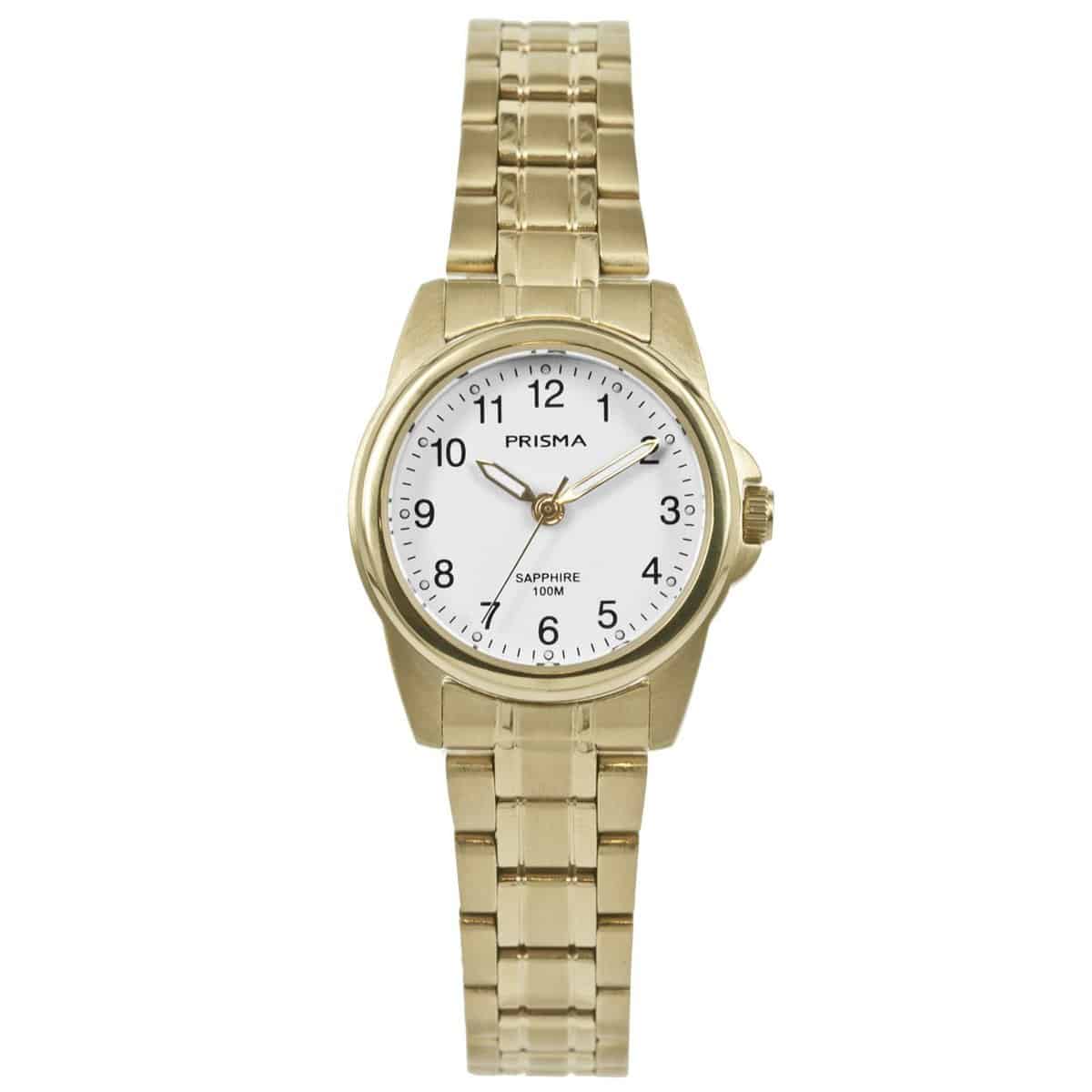 Prisma P.1858 dames horloge edelstaal saffierglas 10 ATM 		
		
Algemeen		
Geslacht: dames		
Model: P.1858		
		
Voordelen		
- band edelstaal goudkleurig		
- wijzerplaat wit met zwarte cijfers (arabisch)		
- boven gem. waterdicht: zwemmen/duiken		
- glas is zeer krasvast		
- wijzers lichten op in donker		
- duidelijke tijdsweergave		
- quartz		
- maat kast 27mm (breedte) 8,3mm (dikte)		
		
