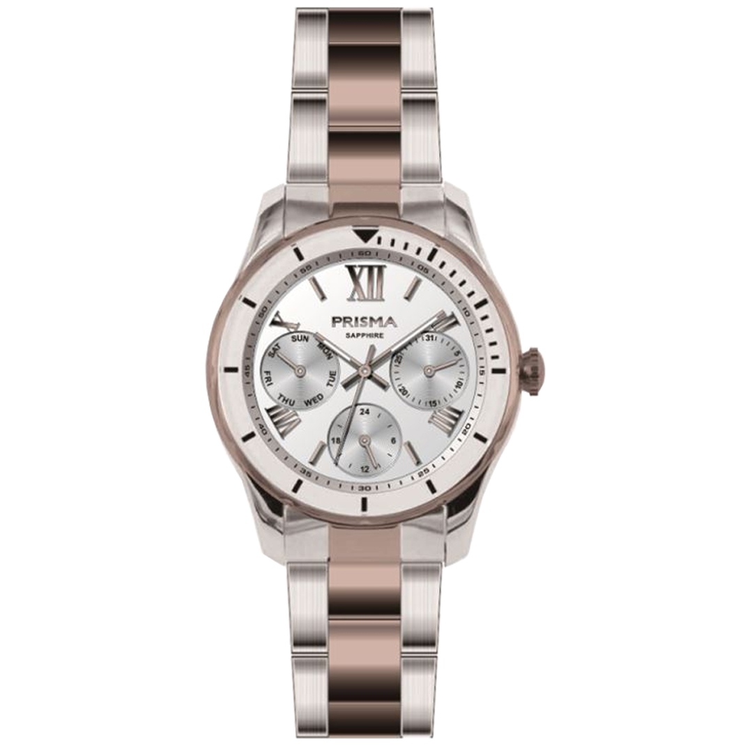 Prisma horloge P.1894 dames multifunctie edelstaal saffierglas 5 ATM 

Algemeen
Geslacht: dames
Model: P.1894

Voordelen
- band edelstaal zilver/rose goudkleurig (bicolor)
- multi-functie
- wijzerplaat zilver met rose goudkleurige romeinsecijfers
- glas is zeer krasvast
- compacte sluiting met extra draagcomfort
- luxueuze uitstraling door romeinse cijfers
- 24 uurs aanduiding
- quartz
- maat kast 32mm (breedte) 9,2mm (dikte)

