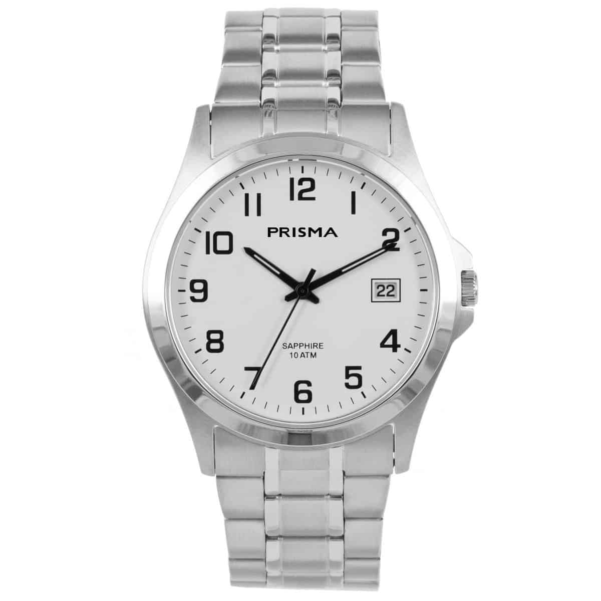 Prisma heren horloge van all stainless steel met saffierglas 
- Datum: Ja
- Kast maat: 39 mm
- Kast dikte: 8.3mm
- Kast materiaal: All stainless steel
- Uurwerk type: Miyota 1S13
- Saffierglas
- Waterdichtheid: 10 ATM
- Horlogeband: All stainless steel
- Maat aansluiting band: 22mm
- Wijzerplaat; Wit met zwarte aanduidingen
- Licht functie: Glow in the dark wijzers
- Sluiting: Klepsluiting
EAN: 8716667160033