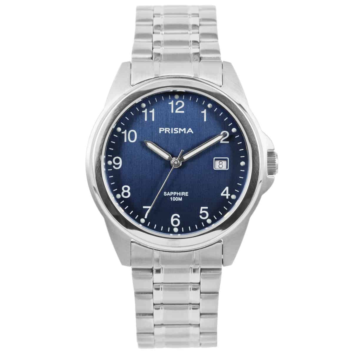 Prisma P.1854 heren horloge edelstaal saffierglas 10 ATM 		
		
Algemeen		
Geslacht: heren		
Model: P.1854		
		
Voordelen		
- band edelstaal zilver		
- wijzerplaat blauw met witte opgelegde cijfers (arabisch)		
- boven gem. waterdicht: zwemmen/duiken		
- glas is zeer krasvast		
- wijzers lichten op in donker		
- datum		
- duidelijke tijdsweergave		
- quartz		
- maat kast 38mm (breedte) 9,5mm (dikte)		
				
