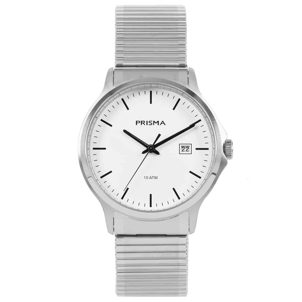 Algemeen
Geslacht: heren
Model: P.1700

Voordelen
- rekband sluit naadloos aan op de huid
- band edelstaal zilver
- wijzerplaat wit met zwarte streepjes
- boven gem. waterdicht: zwemmen/duiken
- datum
- quartz
- maat kast 39mm (breedte) 10mm (dikte)