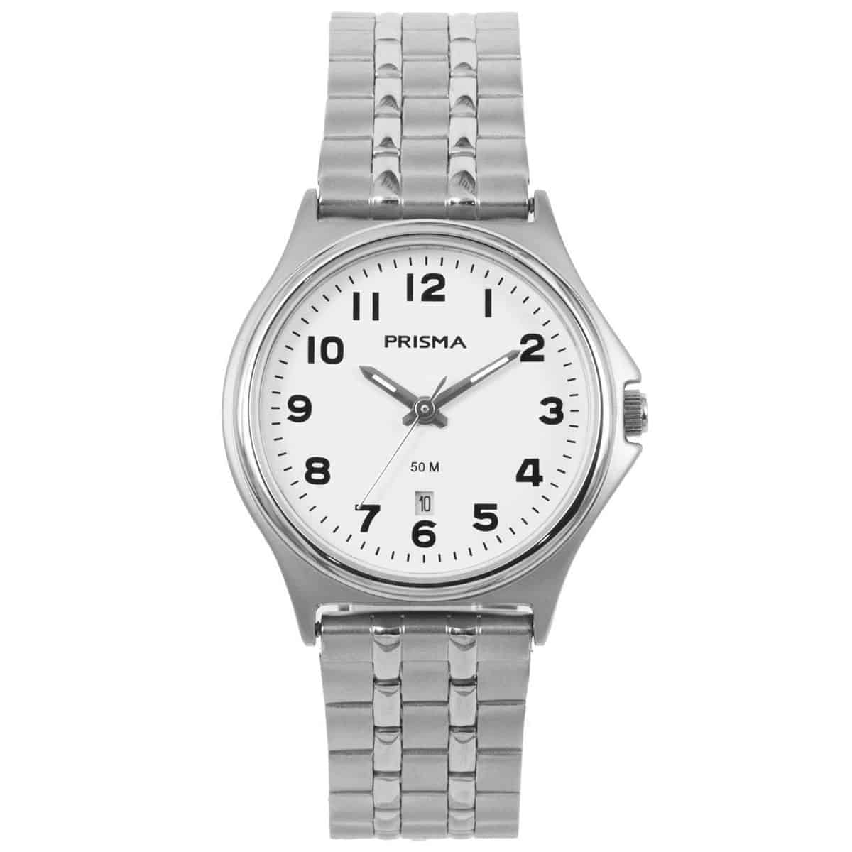 Prisma horloge P.1690 dames edelstaal 5 ATM 

Algemeen
Geslacht: dames
Model: P.1690

Voordelen
- band edelstaal zilver
- wijzerplaat wit met zwarte cijfers (arabisch)
- naadloze aansluiting door vrij verstelbare sluiting
- wijzers lichtenop in donker
- datum
- duidelijke tijdsweergave
- spat waterdicht: handenwassen, regen
- quartz
- maat kast 30mm (breedte) 7,3mm (dikte)

