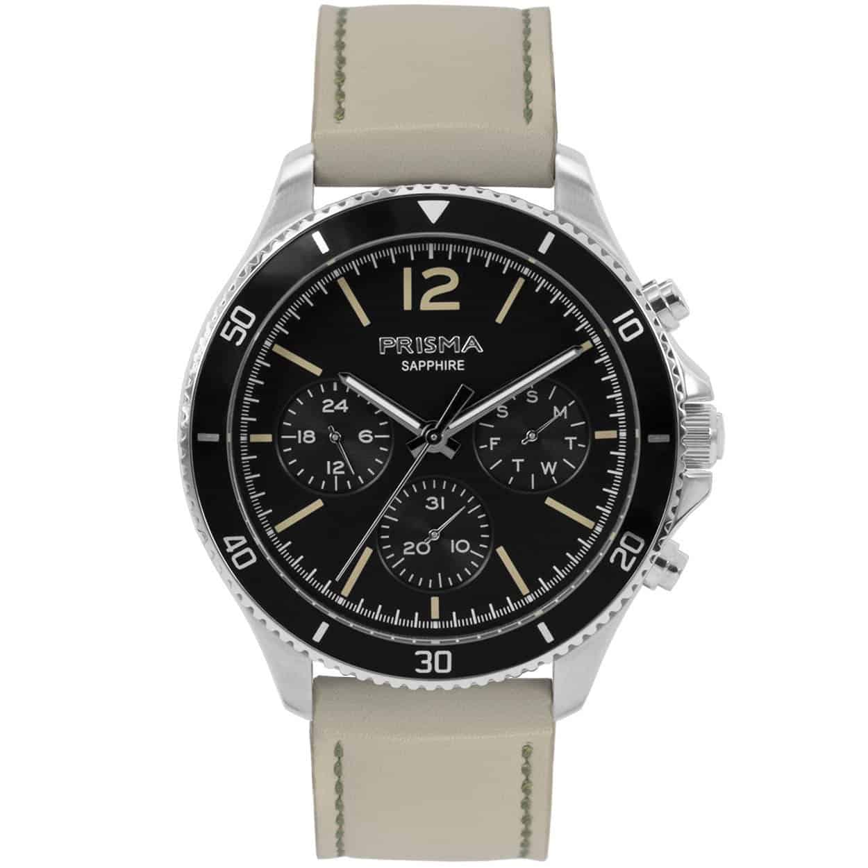 Prisma horloge 1320 heren multifunctie edelstaal saffierglas 5 ATM 

Algemeen
Geslacht: heren
Model: P.1320

Voordelen
- band echt leer creme (groen kleurig stiksel)
- multi-functie
- wijzerplaat zwart met beige streepjes
- glas is zeer krasvast
- ook voor brede pols (max. 231 mm)
- 24 uurs aanduiding
- datum wijzer
- quartz
- maat kast 42mm (breedte) 11,5mm (dikte)

