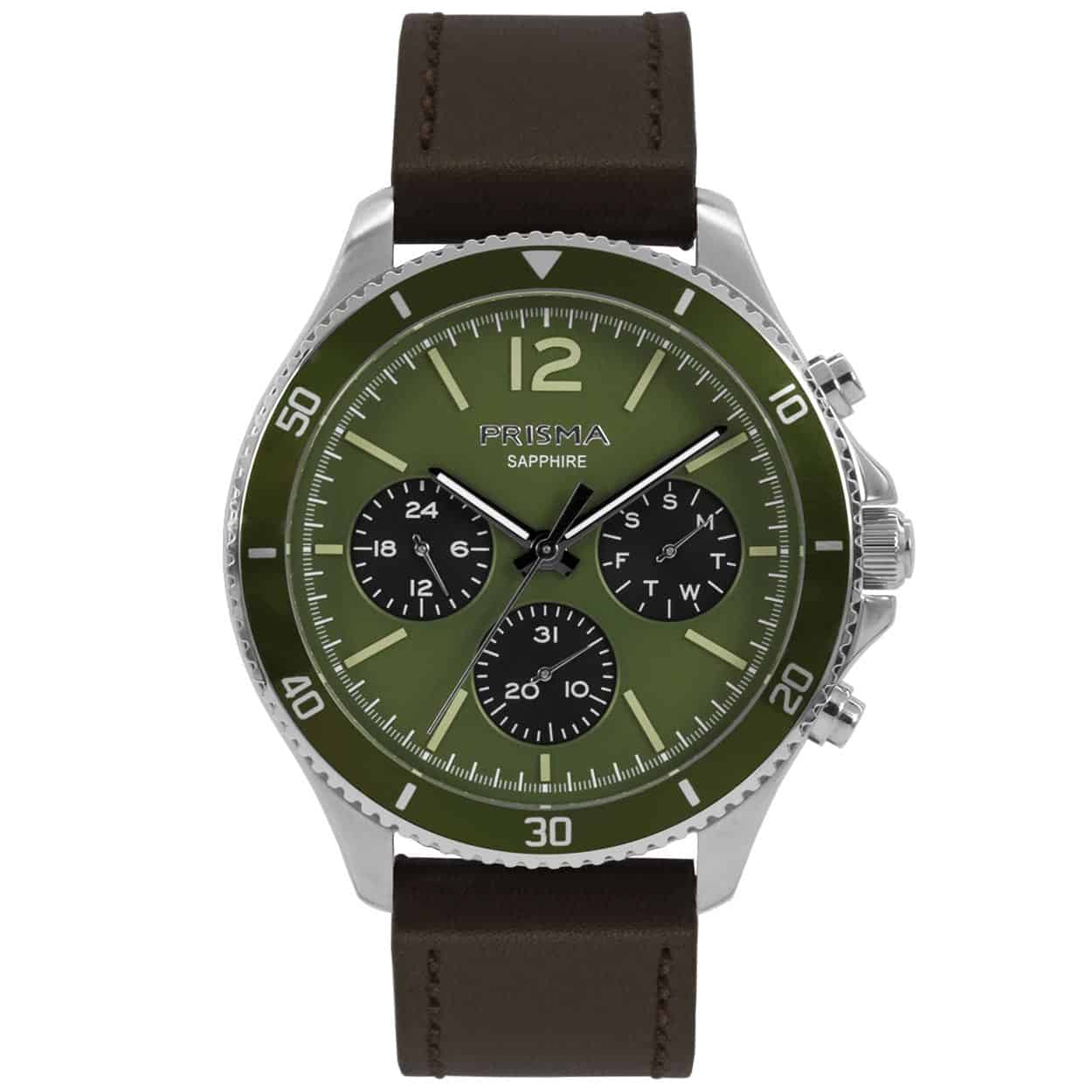 Prisma horloge 1321 heren multifunctie edelstaal saffierglas 5 ATM 

Algemeen
Geslacht: heren
Model: P.1321

Voordelen
- band echt leer bruin (bruin kleurig stiksel)
- multi-functie
- wijzerplaat groen met groene streepjes
- glas is zeer krasvast
- ook voor brede pols (max. 231 mm)
- 24 uurs aanduiding
- datum wijzer
- quartz
- maat kast 42mm (breedte) 11,5mm (dikte)

