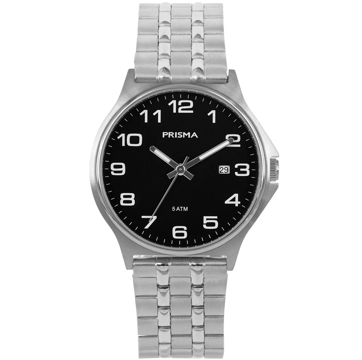 Prisma horloge P.1686 heren edelstaal 5 ATM 

Algemeen
Geslacht: heren
Model: P.1686.st

Voordelen
- Schakelband band all-stainless met veiligheidssluitng
- wijzerplaat zwart met witte cijfers (arabisch)
- ook voor brede pols (max. 223 mm)- wijzers lichten op in donker
- datum
- duidelijke tijdsweergave
- waterdicht 50 meter
- quartz
- maat kast 39mm (breedte) 7,5mm (dikte)

