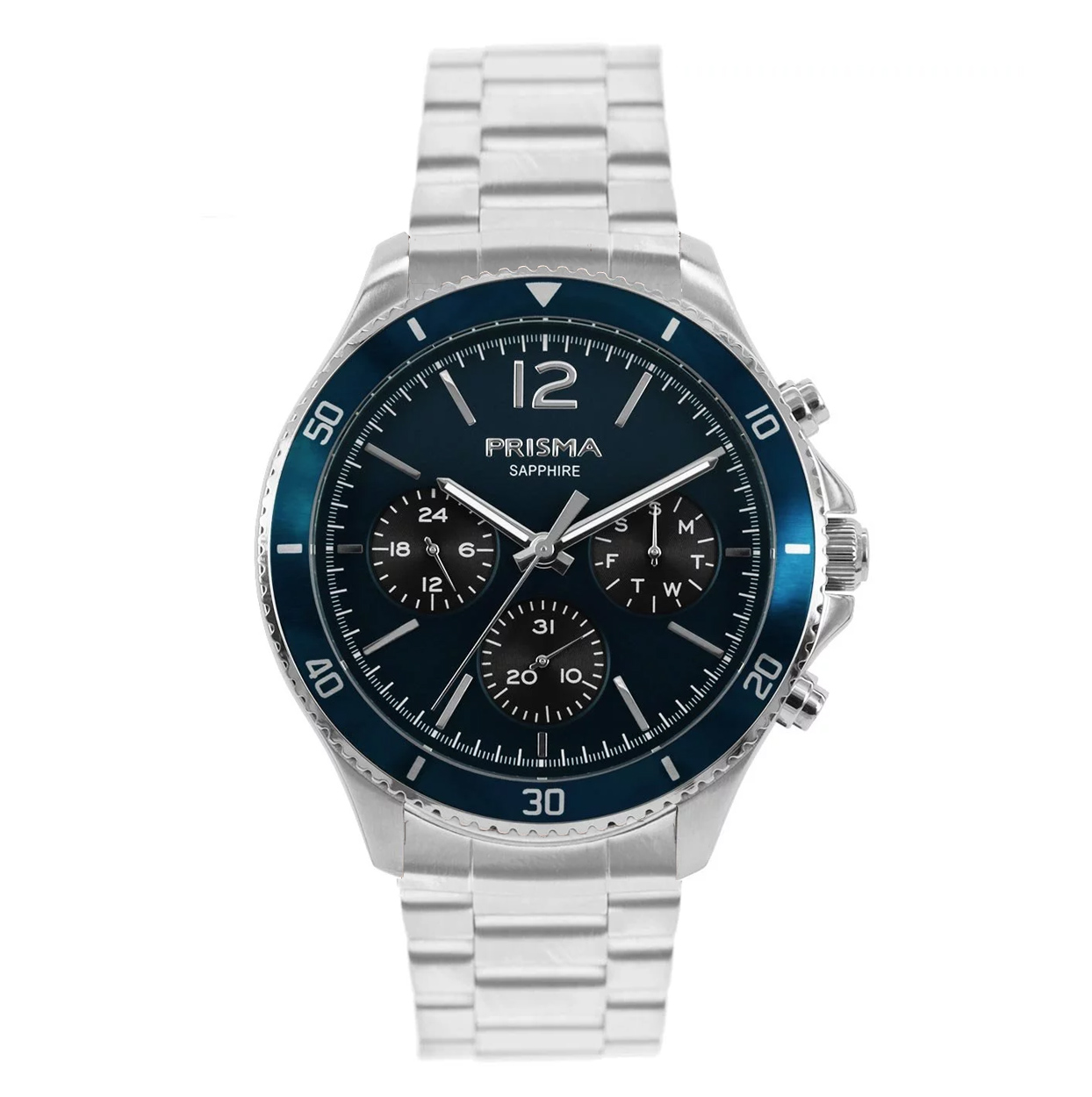 Prisma horloge 1322 staalband heren multifunctie edelstaal saffierglas 5 ATM 

Algemeen
Geslacht: heren
Model: P.1322.ST

Voordelen
- Schakelband van solid all stainless steel
- multi-functie
- wijzerplaat blauw met zilvere streepjes
- glas is zeer krasvast
- ook voor brede pols (max. 231 mm)
- 24 uurs aanduiding
- datum wijzer
- quartz
- maat kast 42mm (breedte) 11,5mm (dikte)

