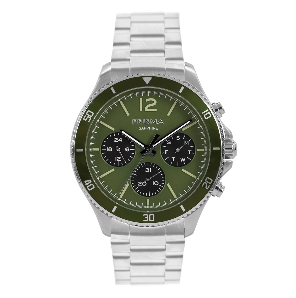 Prisma horloge 1321 staalband heren multifunctie edelstaal saffierglas 5 ATM 

Algemeen
Geslacht: heren
Model: P.1321.ST

Voordelen
- Solid schakelband met veiligheidssluiting
- multi-functie
- wijzerplaat groen met groene streepjes
- glasis zeer krasvast
- ook voor brede pols (max. 231 mm)
- 24 uurs aanduiding
- datum wijzer
- quartz
- maat kast 42mm (breedte) 11,5mm (dikte)

