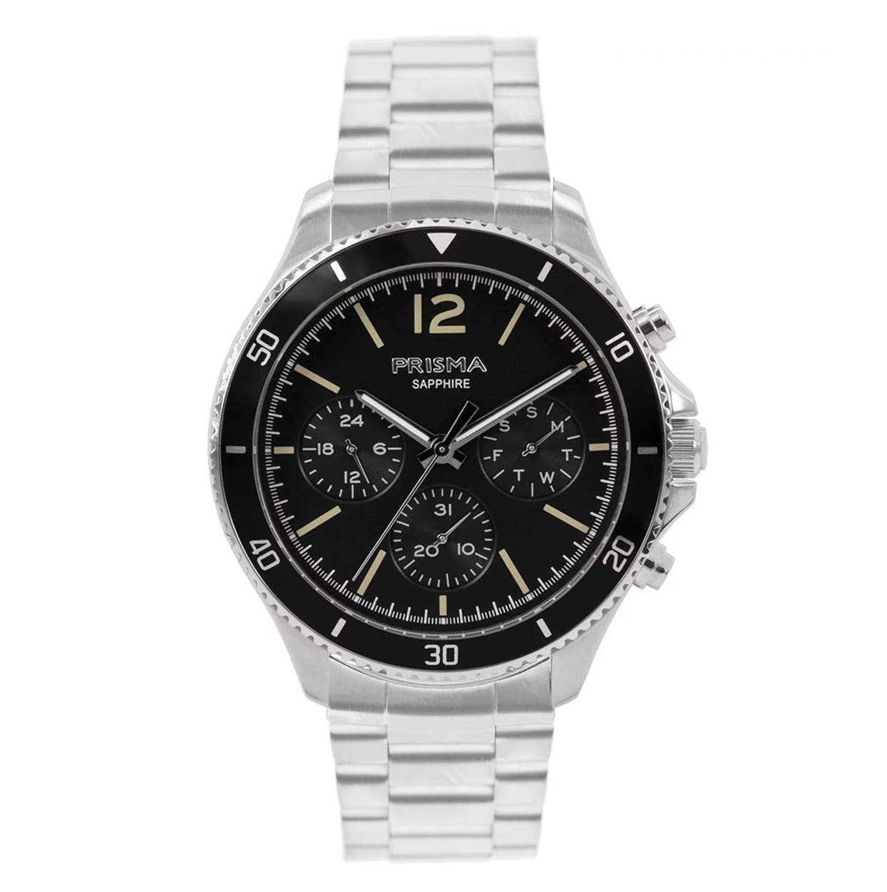 Prisma horloge 1320 staalband heren multifunctie edelstaal saffierglas 5 ATM 

Algemeen
Geslacht: heren
Model: P.1320.st

Voordelen
- solid all stainless steel schakelband massief 
- multi-functie
- wijzerplaat zwart met beige streepjes
-glas is zeer krasvast
- ook voor brede pols (max. 231 mm)
- 24 uurs aanduiding
- datum wijzer
- quartz
- maat kast 42mm (breedte) 11,5mm (dikte)

