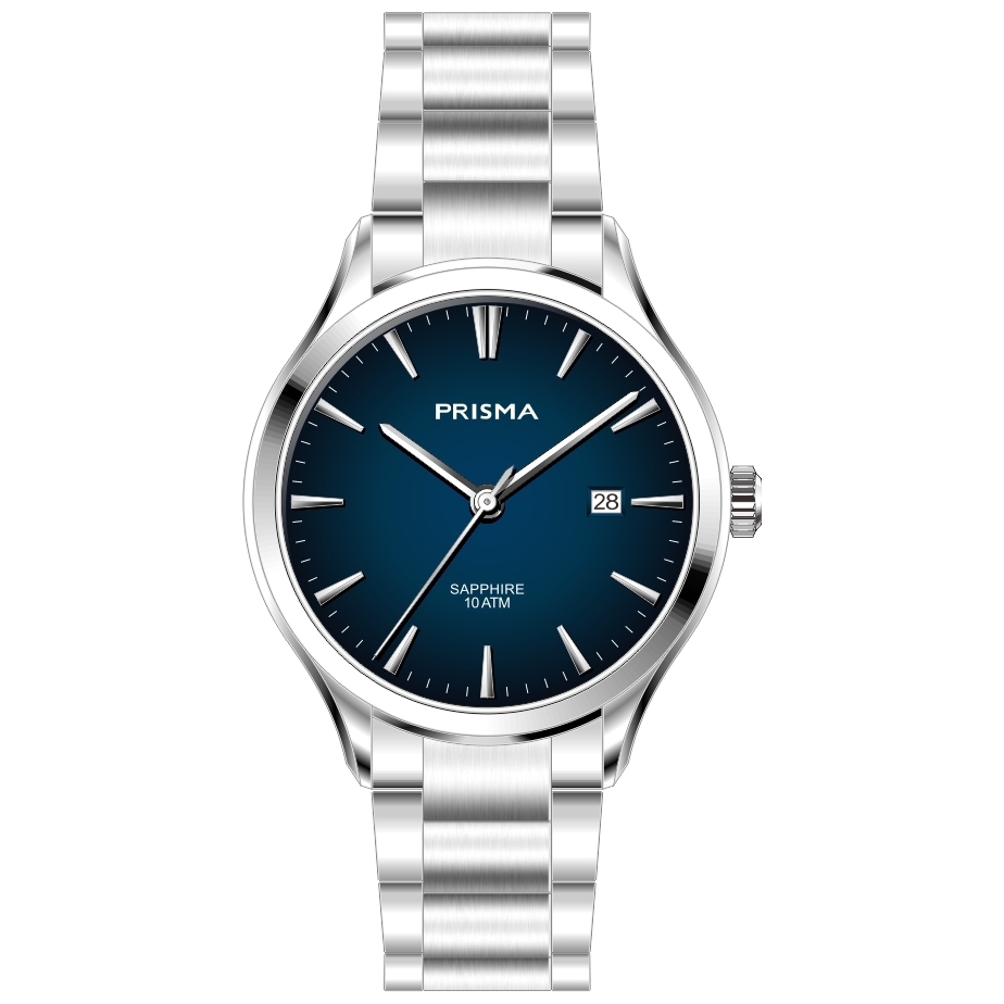 Prisma horloge 2001 heren edelstaal saffierglas 10 ATM 

Algemeen
Geslacht: heren
Model: P.2001

Voordelen
- band edelstaal zilver
- wijzerplaat blauw met zilvere streepjes
- boven gem. waterdicht: zwemmen/duiken
- glas is zeer krasvast
- datum
- quartz
- maat kast 37,7mm (breedte) 8,2mm (dikte)